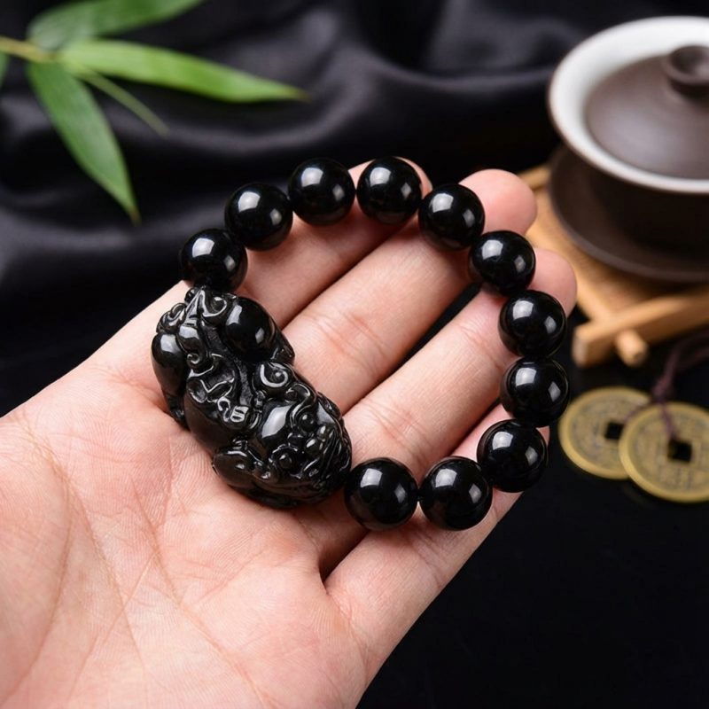 Black Obsidian Pixiu Bracelet - Wealth Protection - Professional Photo