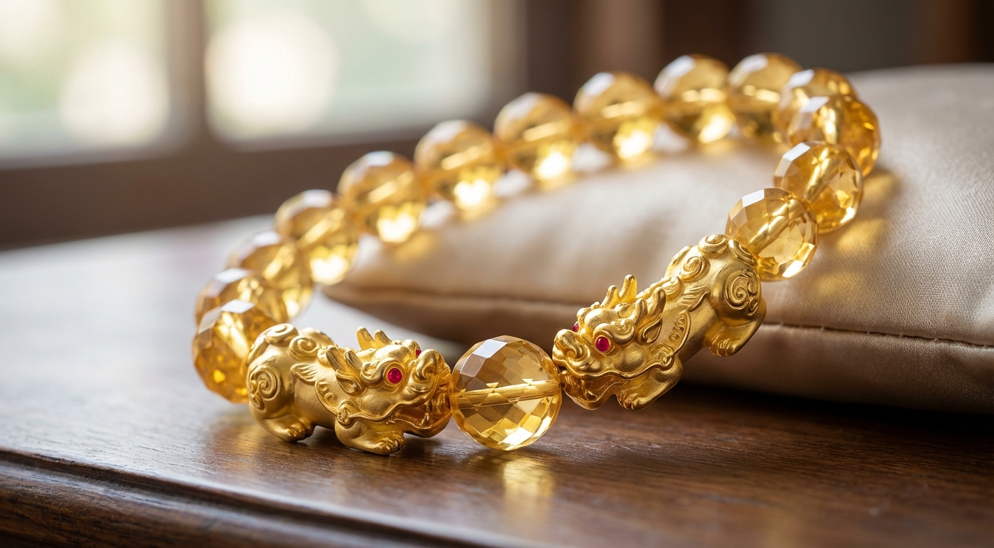 Close-up of a sparkling citrine Pixiu bracelet for wealth attraction under natural light.