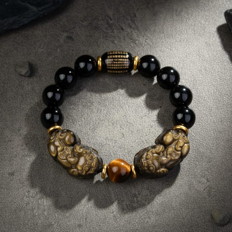 Natural Gold Obsidian Double Pixiu Bracelet - Professional Photo