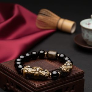 Natural Gold Obsidian Double Pixiu Bracelet - Professional Photo