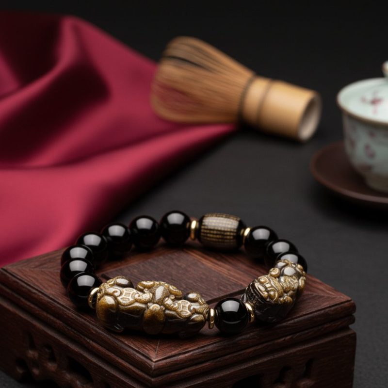 Natural Gold Obsidian Double Pixiu Bracelet - Professional Photo