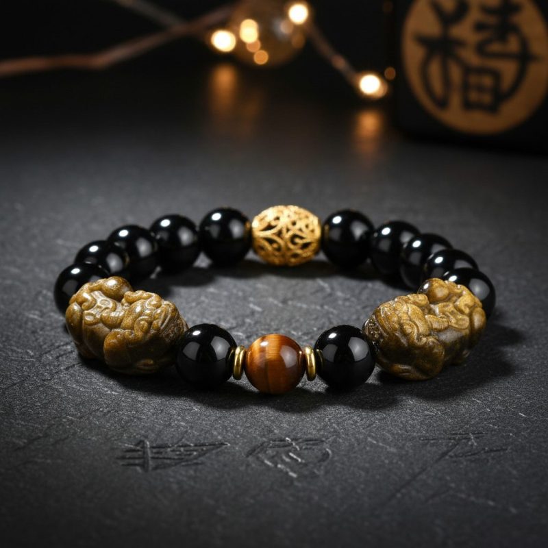 Natural Gold Obsidian Double Pixiu Bracelet - Professional Photo