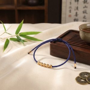 Five Lucky Beads Copper Bracelet - Blue & Red String - Professional Photo