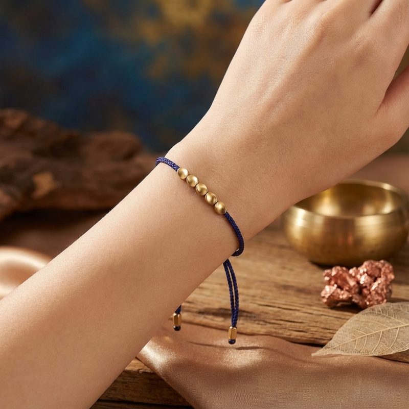 Five Lucky Beads Copper Bracelet - Blue & Red String - Professional Photo