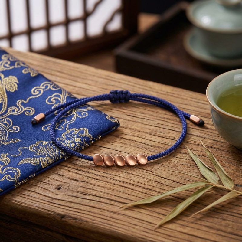 Five Lucky Beads Copper Bracelet - Blue & Red String - Professional Photo