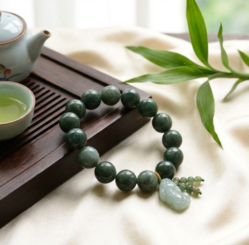 Green Jade Bracelet with Pixiu - Invite Wealth & Calming Energies - Professional Photo