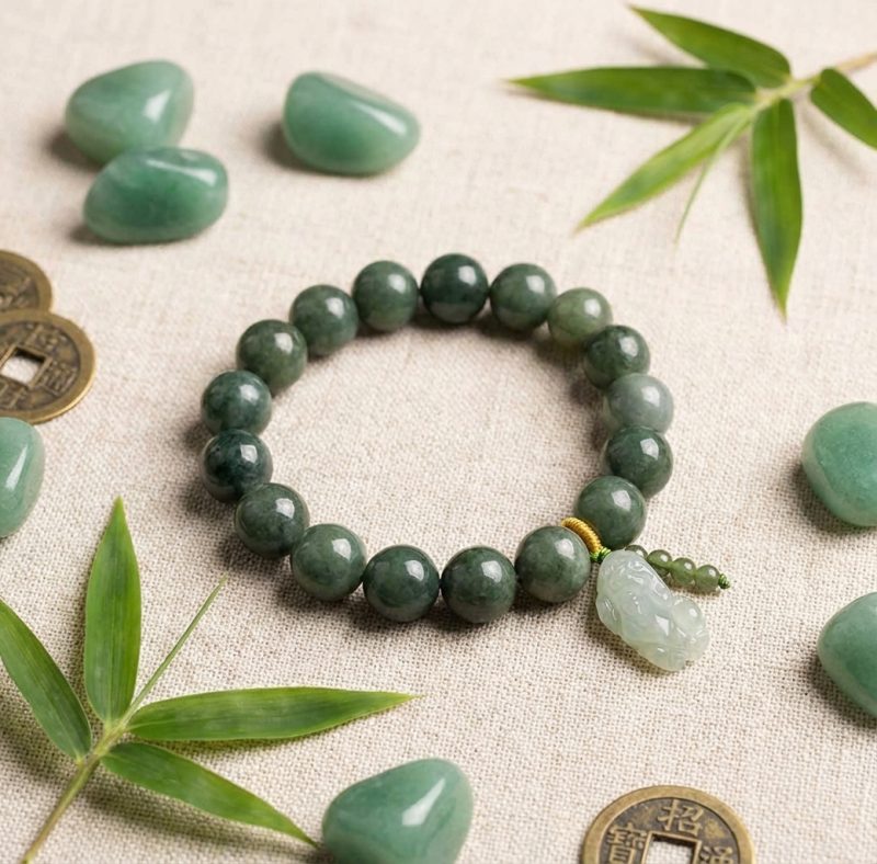 Green Jade Bracelet with Pixiu - Invite Wealth & Calming Energies - Professional Photo