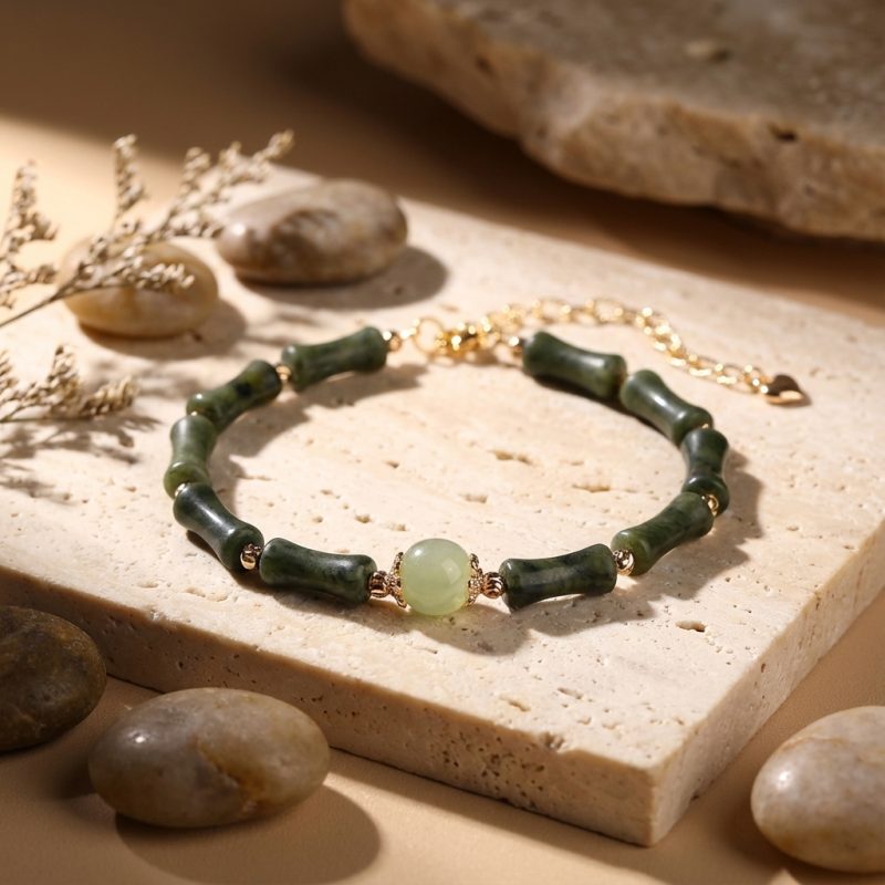 Exclusive: Hetian Jade Peridot Lucky Bamboo Bracelet - Professional Photo