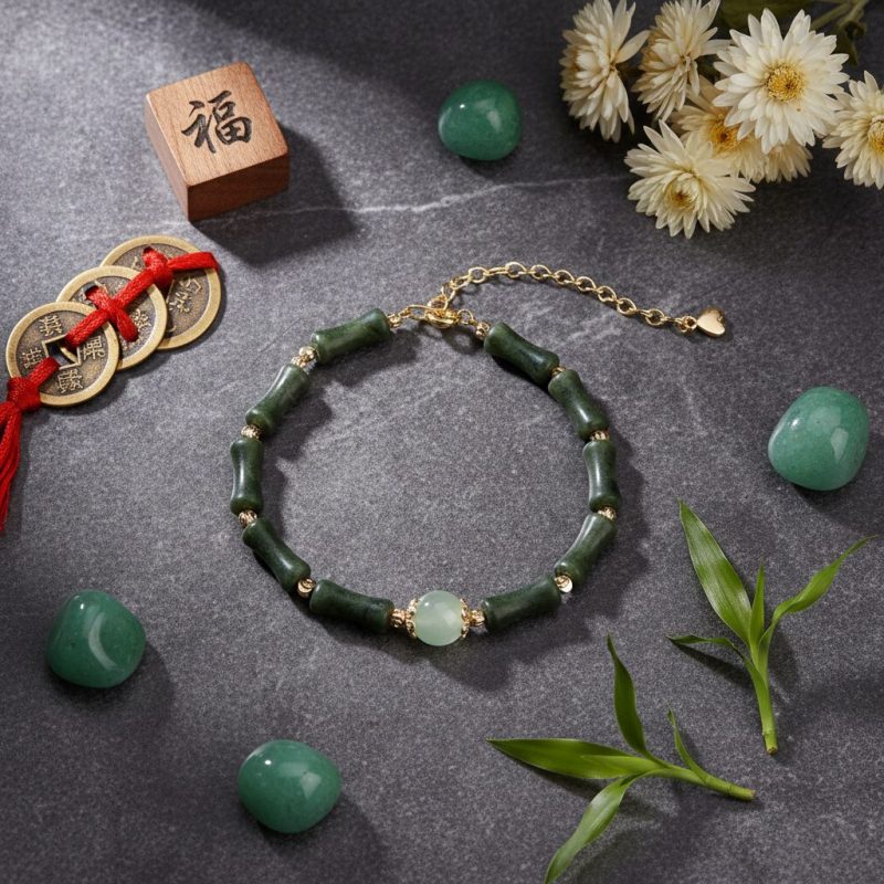 Exclusive: Hetian Jade Peridot Lucky Bamboo Bracelet - Professional Photo