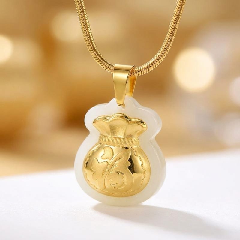 Jade Money Bag Necklace - Feng Shui Wealth Activator - Professional Photo