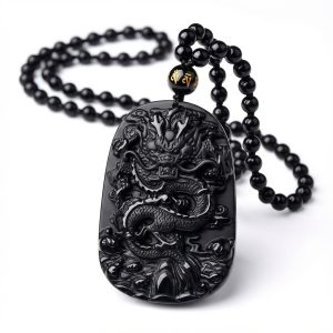 Natural Black Obsidian Dragon Protection Necklace - Professional Photo