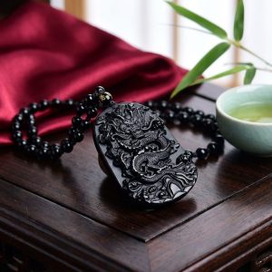 Natural Black Obsidian Dragon Protection Necklace - Professional Photo