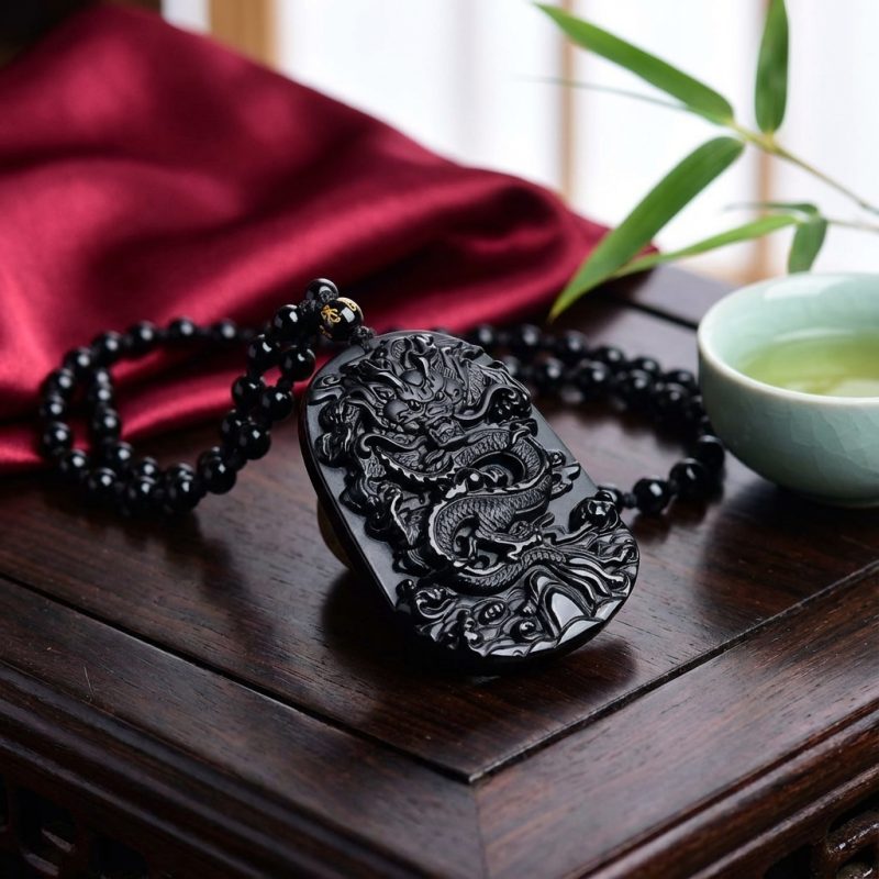 Natural Black Obsidian Dragon Protection Necklace - Professional Photo