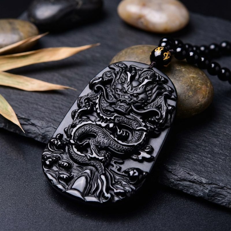 Natural Black Obsidian Dragon Protection Necklace - Professional Photo
