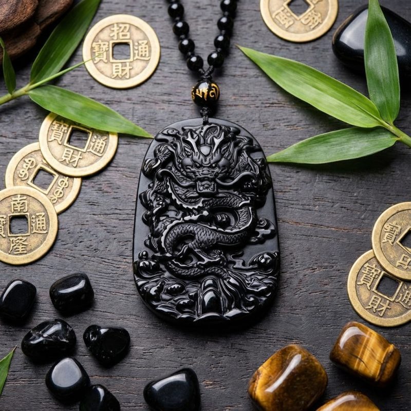 Natural Black Obsidian Dragon Protection Necklace - Professional Photo