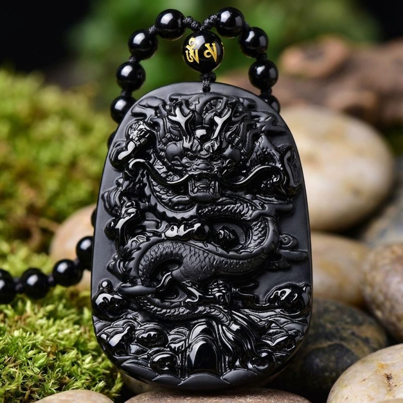 Natural Black Obsidian Dragon Protection Necklace - Professional Photo