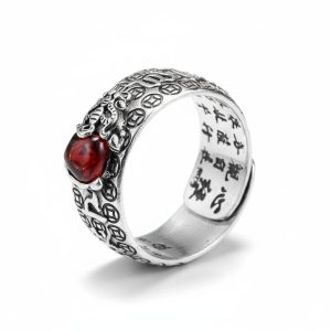 Natural Garnet Pixiu Ring - Feng Shui Wealth Ring - Professional Photo