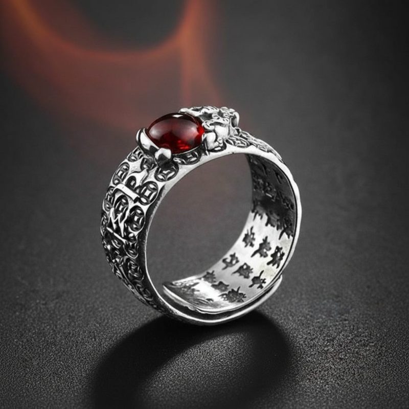 Natural Garnet Pixiu Ring - Feng Shui Wealth Ring - Professional Photo