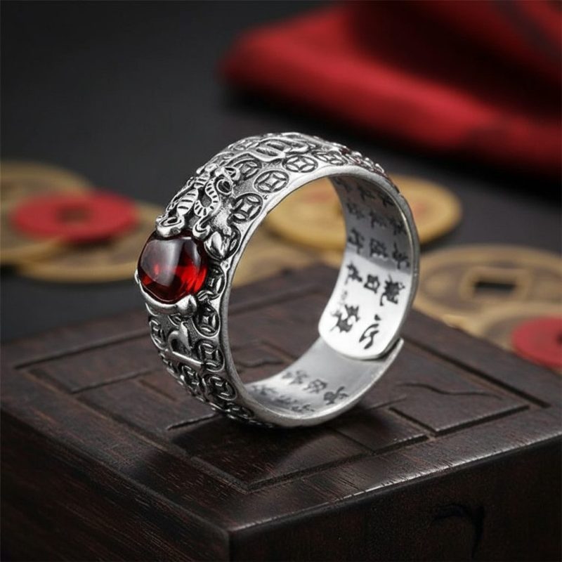 Natural Garnet Pixiu Ring - Feng Shui Wealth Ring - Professional Photo
