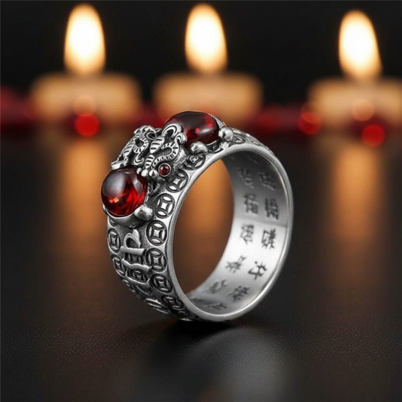 Natural Garnet Pixiu Ring - Feng Shui Wealth Ring - Professional Photo