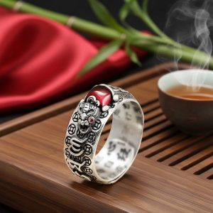 Natural Garnet Pixiu Ring - Feng Shui Wealth Ring - Professional Photo