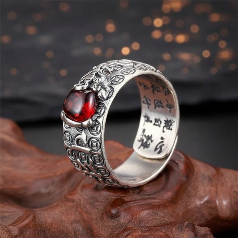 Natural Garnet Pixiu Ring - Feng Shui Wealth Ring - Professional Photo