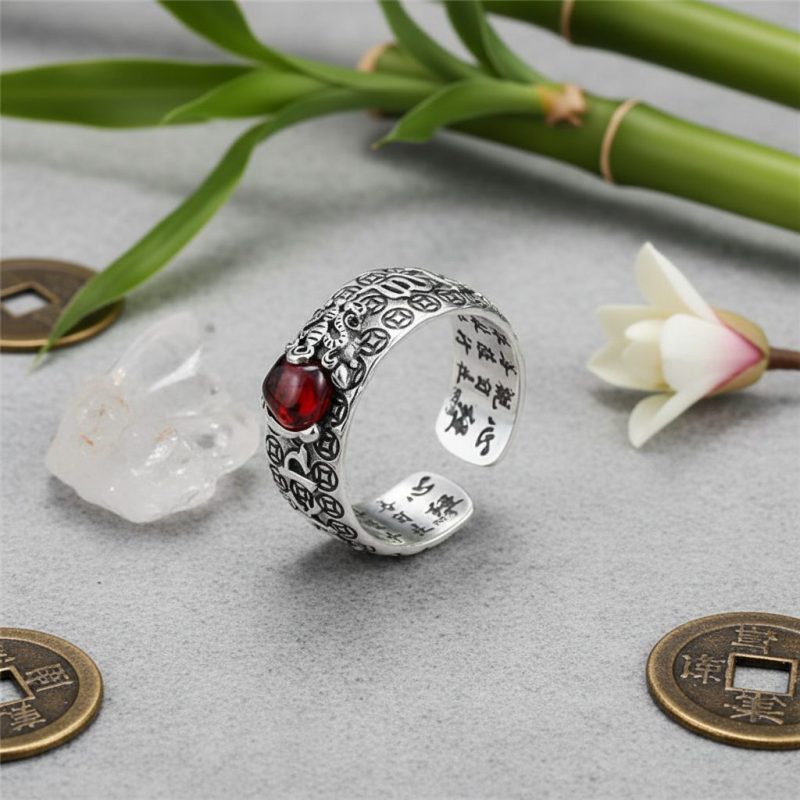 Natural Garnet Pixiu Ring - Feng Shui Wealth Ring - Professional Photo