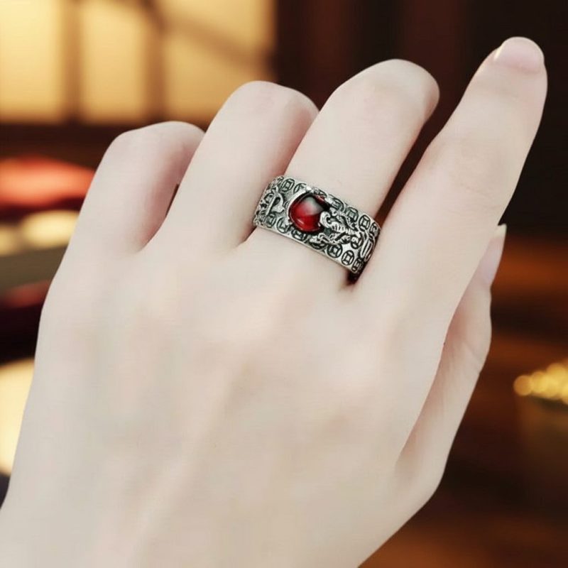 Natural Garnet Pixiu Ring - Feng Shui Wealth Ring - Professional Photo