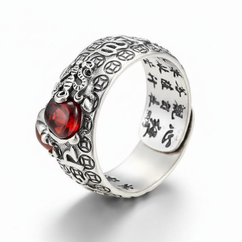 Natural Garnet Pixiu Ring - Feng Shui Wealth Ring - Professional Photo