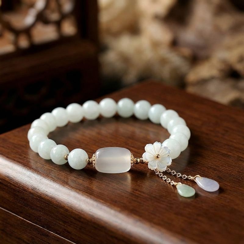 Natural Light Green Jade Bead Bracelet for Luck - Professional Photo