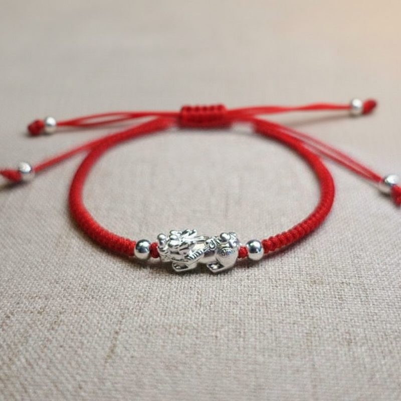 Red String Silver Pixiu Bracelet - Attract Windfall Luck - Professional Photo
