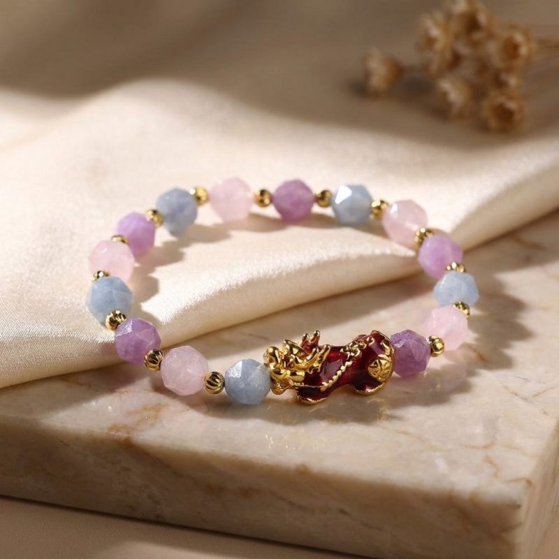 The Prosperity Bracelet - Amethyst, Aquamarine, Rose Quartz Pixiu - Professional Photo