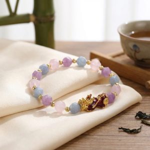 The Prosperity Bracelet - Amethyst, Aquamarine, Rose Quartz Pixiu - Professional Photo