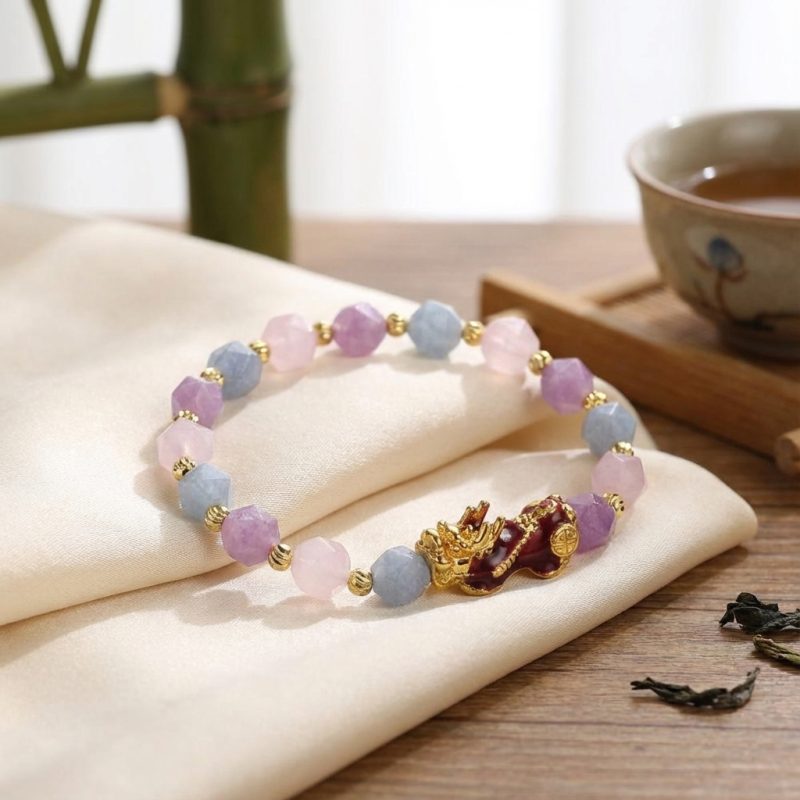 The Prosperity Bracelet - Amethyst, Aquamarine, Rose Quartz Pixiu - Professional Photo