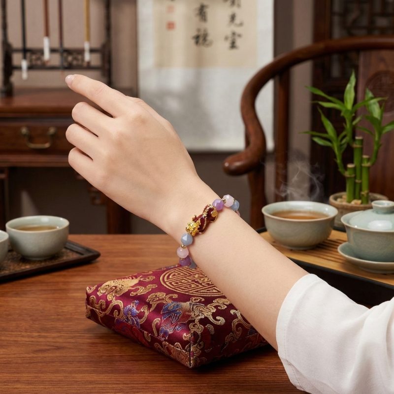 The Prosperity Bracelet - Amethyst, Aquamarine, Rose Quartz Pixiu - Professional Photo