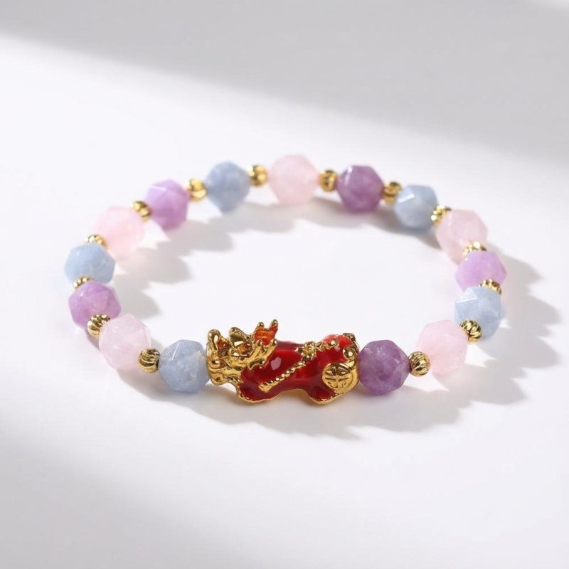 The Prosperity Bracelet - Amethyst, Aquamarine, Rose Quartz Pixiu - Professional Photo