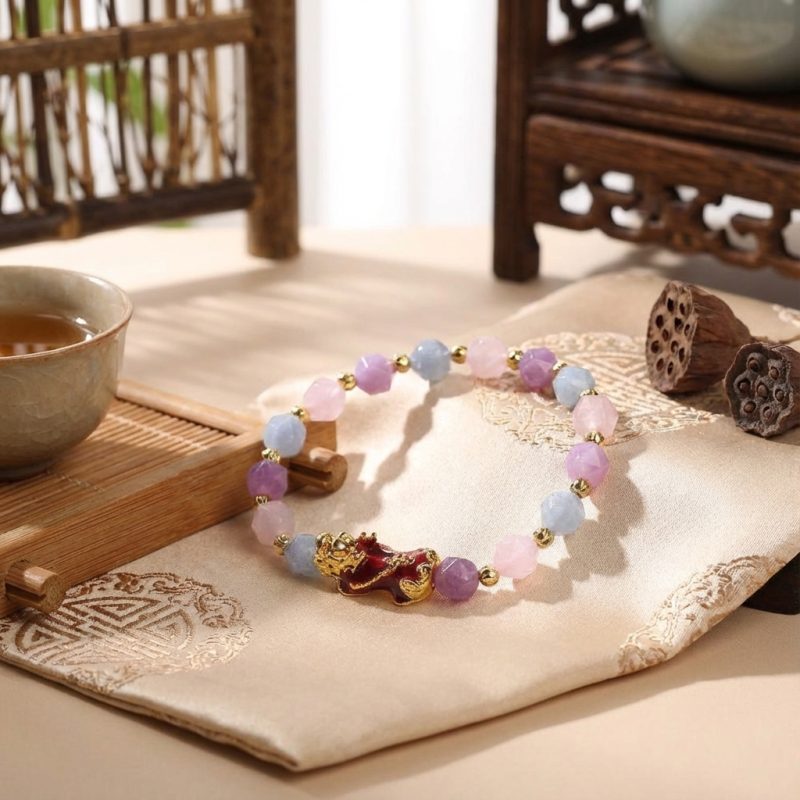 The Prosperity Bracelet - Amethyst, Aquamarine, Rose Quartz Pixiu - Professional Photo