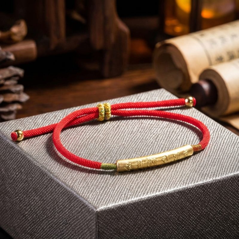 Tibetan Red/Gold String Bracelet - Buddhist Lucky Charm - Professional Photo