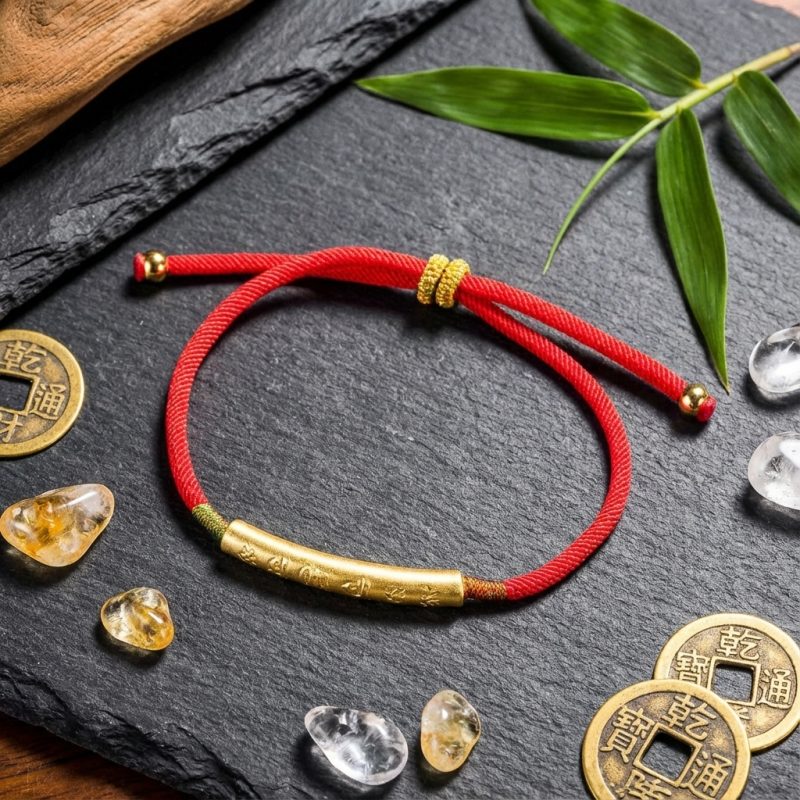 Tibetan Red/Gold String Bracelet - Buddhist Lucky Charm - Professional Photo