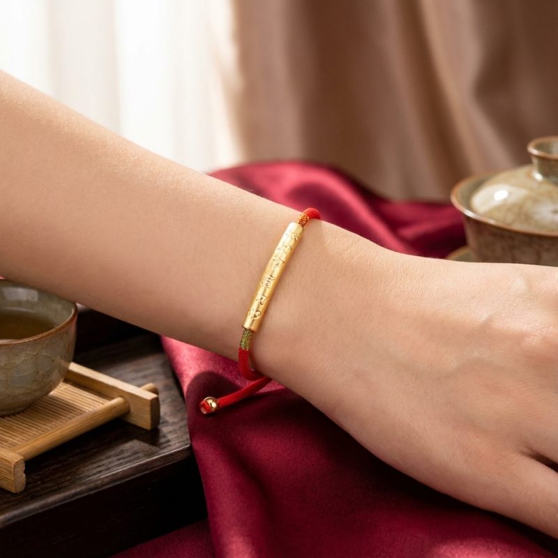 Tibetan Red/Gold String Bracelet - Buddhist Lucky Charm - Professional Photo