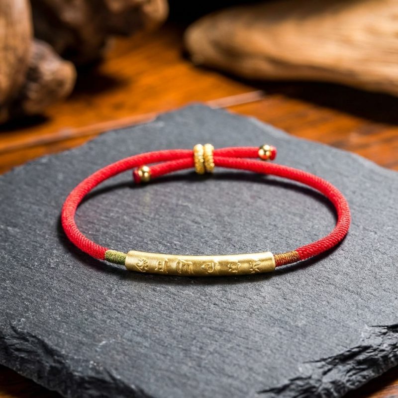 Tibetan Red/Gold String Bracelet - Buddhist Lucky Charm - Professional Photo