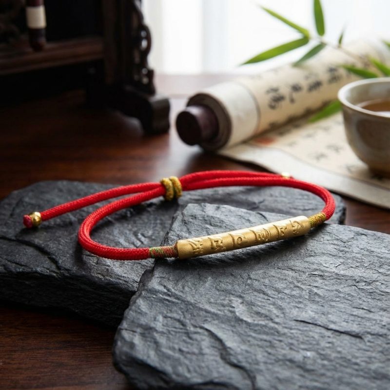 Tibetan Red/Gold String Bracelet - Buddhist Lucky Charm - Professional Photo