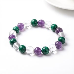 Triple Healing Bracelet – Amethyst, Malachite, Clear Quartz - Professional Photo