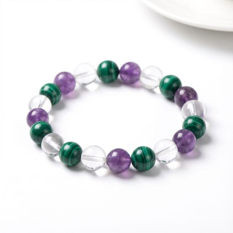 Triple Healing Bracelet – Amethyst, Malachite, Clear Quartz - Professional Photo