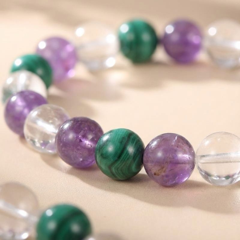 Triple Healing Bracelet – Amethyst, Malachite, Clear Quartz - Professional Photo
