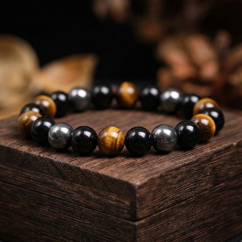 Triple Protection Bracelet - Tiger’s Eye, Obsidian, Hematite - Professional Photo