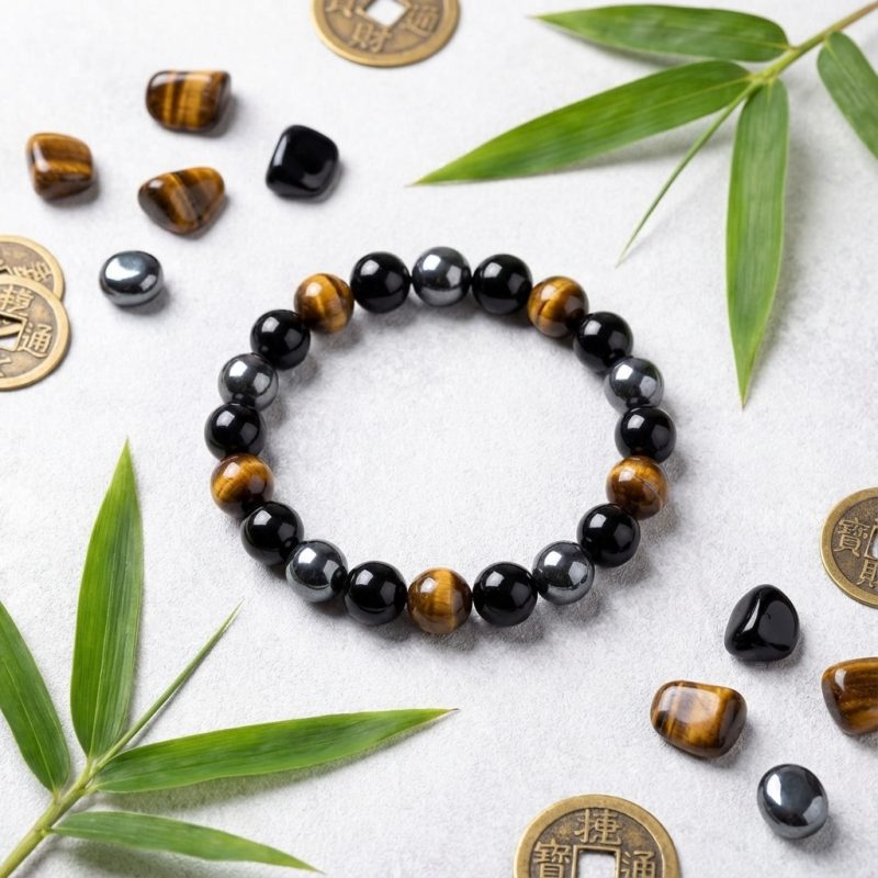 Triple Protection Bracelet - Tiger’s Eye, Obsidian, Hematite - Professional Photo