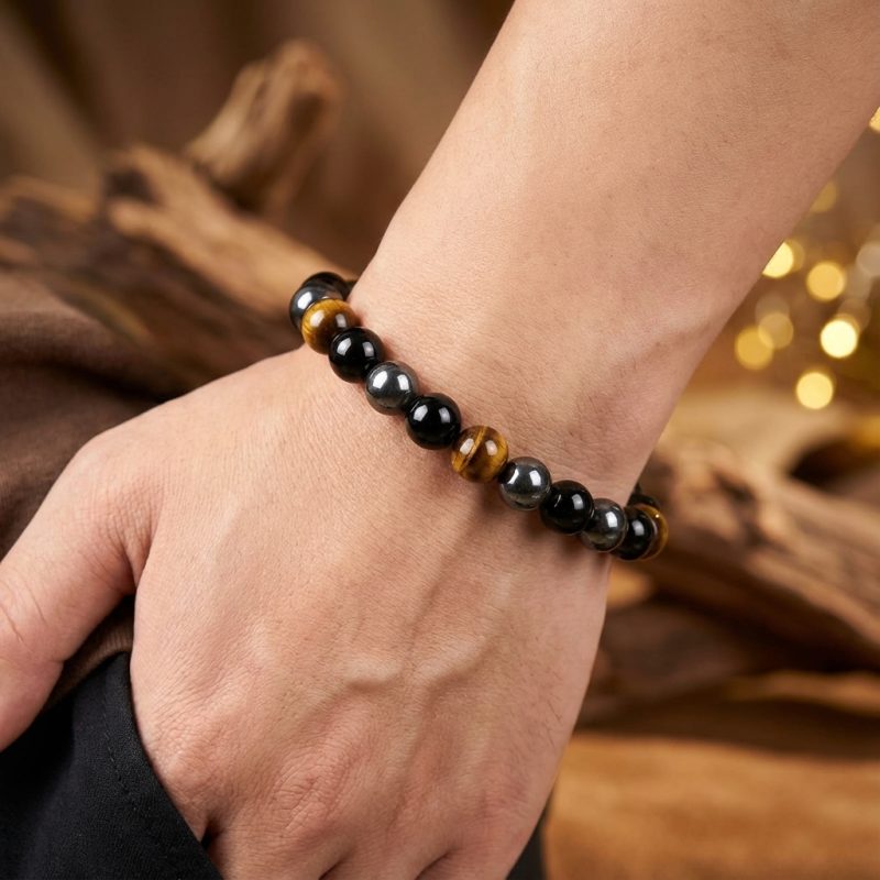 Triple Protection Bracelet - Tiger’s Eye, Obsidian, Hematite - Professional Photo