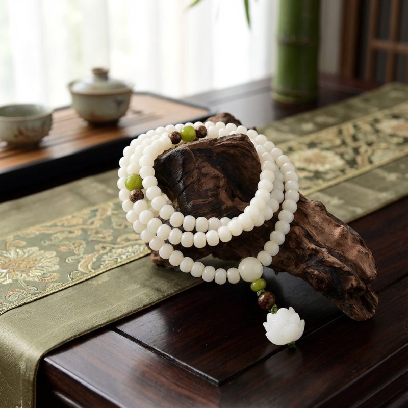 White Jade Bodhi Seed Mala - 108 Beads Bracelet/Necklace - Professional Photo