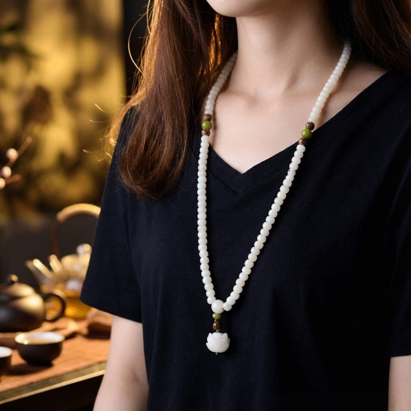 White Jade Bodhi Seed Mala - 108 Beads Bracelet/Necklace - Professional Photo
